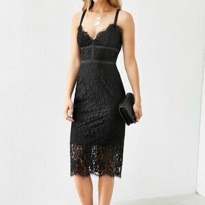 Express Black Lace Sheath Midi Dress Size 6 Spaghetti Strap Sweetheart Cocktail